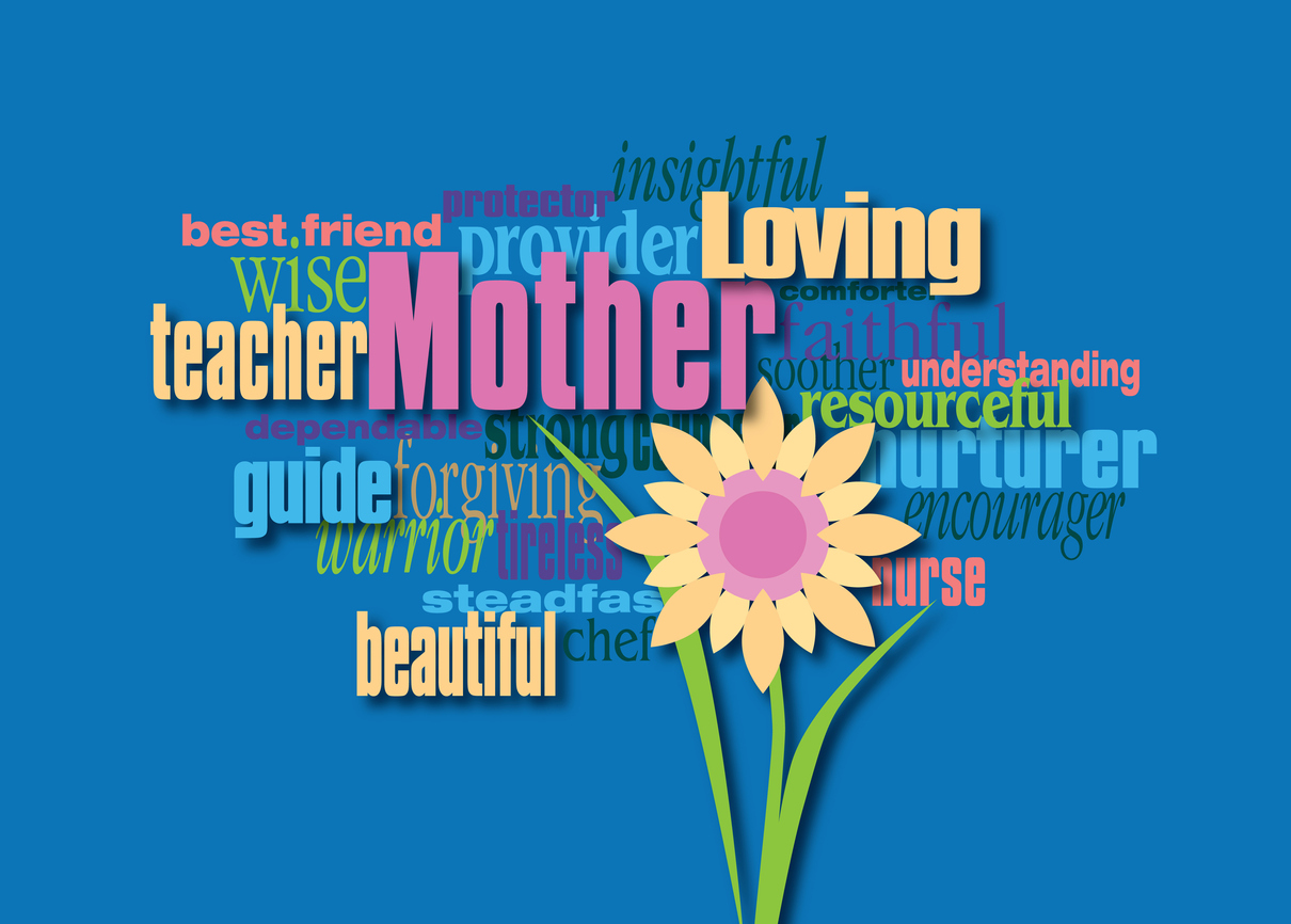 Graphic composition of personality traits of a mother. Art suitable for use as greeting card design or other creative tribute to mothers.